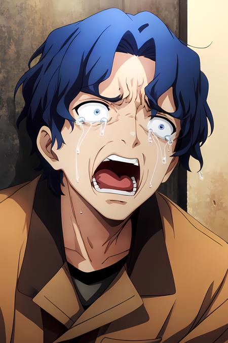 (masterpiece, best quality:1.2), highres, anime screencap, anime coloring, 1boy, solo, male focus, open mouth, crying with eyes open, tears, sweat,
SHG_V1, blue hair, short hair, wavy hair, 
<lora:add_detail_CyberAlchemist:0.4>, <lora:GoodHands-beta2:0.8>, <lora:ShinjiMV2:0.85>