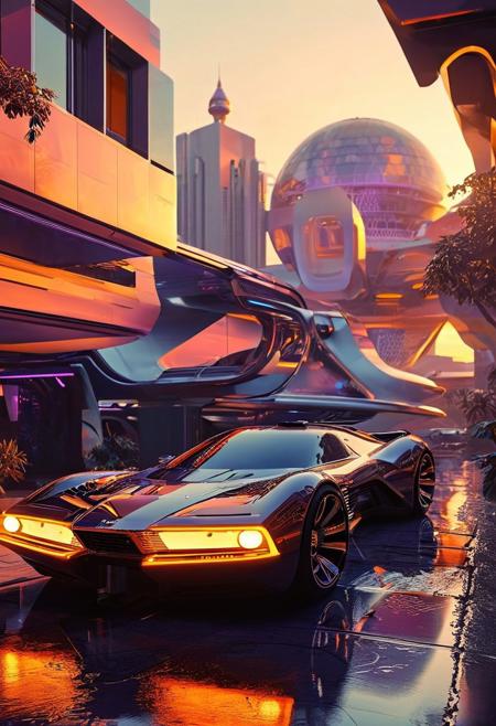((70's retrofutursim with Syd Mead art style)), psychedelic world 70's collide with a futuristic vision. a fusion of Vasarely art, Bertone concept vehicles, and sleek architecture, iconic art style of Syd Mead.  blend of retro aesthetics and futuristic utopia, monocoque monorail, a unique realm that is both nostalgic and visionary, futuristic flying car, Blade Runner spinner, evening violet light, sunset, fountains, glowing windows