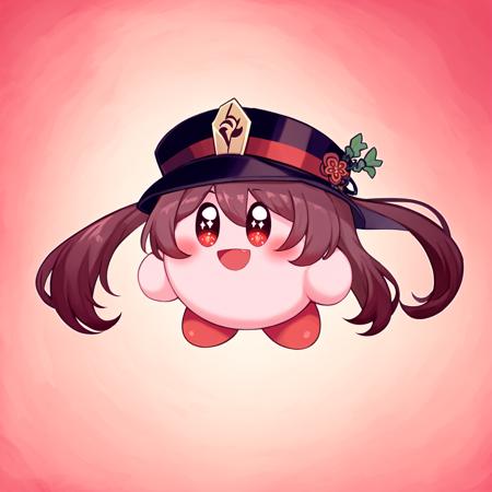 (Highest picture quality),(Master's work),kirby, red eyes,smile, open mouth,hu tao (genshin impact),hat, twintails, brown hair, solo, symbol-shaped pupils, long hair,bangs,