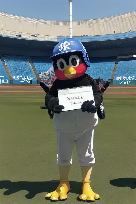 masterpiece, best quality, ultra-detailed, illustration,
tsuba9rou, mascot, sign, holding, holding sign, dirty, full body, baseball cap, black eyes, stadium, helmet, standing, outdoors, dirty clothes, grass, blurry background, beak, 
 <lora:Tsubakurou_V1_1.0_MIDD:1>