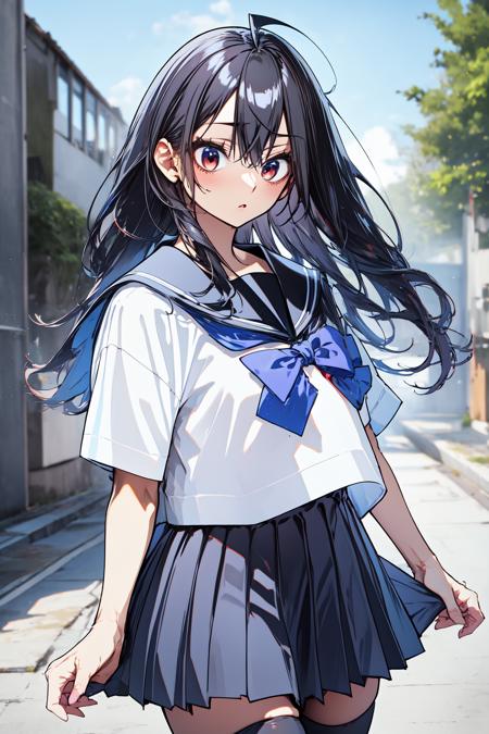 1girl, outdoors, cowboy shot, 
yonagi_kei, red eyes, long hair, black hair, (ahoge:1.2), hair between eyes, bangs, school uniform, serafuku, sailor collar, bow, short sleeves, pleated skirt, thighhighs, zettai ryouiki,  <lora:yonagi_kei_lora_ver1:0.7>, best quality, masterpiece, highres, <lora:GoodHands-vanilla:1>