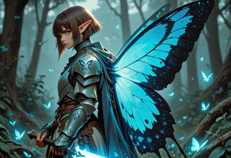 score_9_up, score_8_up, score_7_up, score_6_up. masterpiece, best quality, good quality, very aesthetic, absurdres, semirealism, fantasy, 8K, depth of field, focused subject, cowboy shot, Elf knight, 19yo, androgynous, pointed ears, short brown hair, male haircut, blue eyes, wearing detailed armor, wielding blue glowing sword, he is standing, sword resting against the ground, large white glowing butterfly wings on the knight's back, trees in background, hkvaloria
