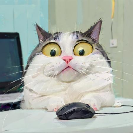 surprised white cat with big yellow eyes touches with his paw computer mouse hanging on a cable in the foreground, caricature, albeniz rodriguez style <lora:albeniz-rodriguez-style:0.8>