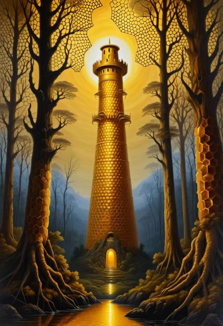 Painting by Claude Lorrain and Waterhouse of mystical dark mage tower beehave in the style of honeycomb  and completly made of dvr-honey in the dark forest, dark light dark mood,