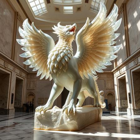 Create an image of a large statue of a mythical creature resembling a griffin, symbolizing the wildness and fury of the elements and nature. The statue is made of translucent stone, which gives it a mysterious and majestic appearance. It is housed in a spacious museum hall, where soft lighting highlights its intricate details and creates a play of light and shadow. In some places, the statue appears translucent, which enhances its airiness. Around the statue, you can see the interior elements of the museum, such as marble floors and high ceilings, which emphasize its grandeur.