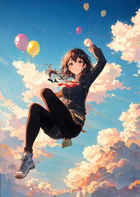 masterpiece, best quality, 1girl, falling from the sky, clouds, balloons, clenched fist