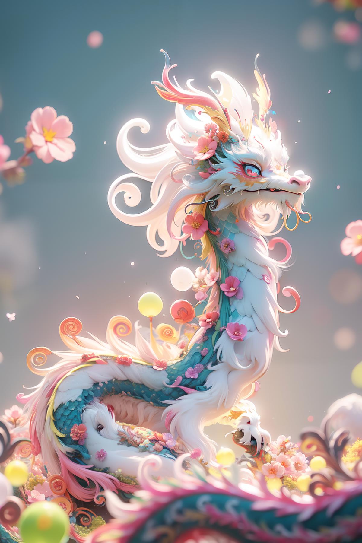 A white dragon with blue eyes and a pink flower for a mouth is standing on a field of flowers.