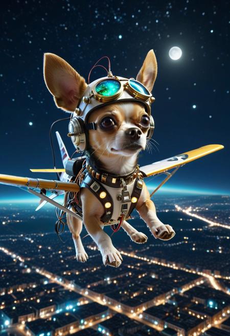 (made of Transistors:1.4), from side, cute small airplane made of Transistors, pilot chihuahua driving, wear round goggles, wear animal ears helmet, looking at viewer, flying above city, night, moon, starry sky, cinematic, cinematic lighting, (masterpiece, best quality:1.4), ultra-high res, 4k, Photorealistic, insanely detailed, sfw,