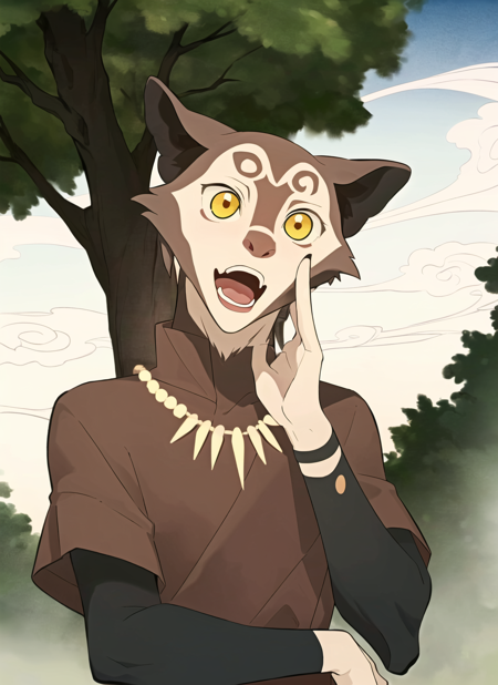 avatar wan <lora:avatar_wan_offset:1>, masterpiece, best quality, yellow eyes, tree, solo, jewelry, necklace, outdoors, upper body, open mouth, 1boy, no humans, hand up, looking at viewer, male focus