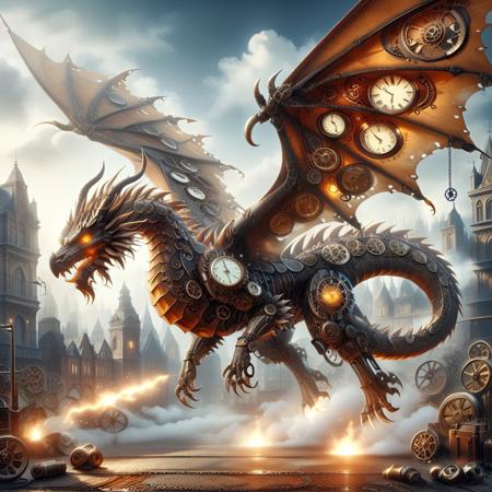 lazypos
masterpiece, best quality, highly detailed, 4K, 8K, ultra-detailed, cinematic lighting, dramatic shadows, dragon, robotic dragon, cyborg implants made of clockwork, steampunk, metallic skin, steel plating, orange to white ombre, glowing ombre markings, glowing eyes, sharp mechanical claws, feral stance, horns, steampunk wings, victorian cityscape, detailed background, gas lights, sci-fi aesthetic, steampunk atmosphere, smoke and fog, dynamic composition.