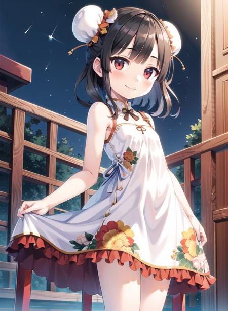 1girl,masterclass,best quality, illustration, outdoors, night, china dress, white_dress,double_bun,short_hair,smile,black_dress, <lora:8620_D8_V2_e6>