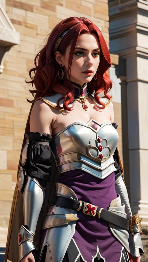 A woman wearing a metallic outfit with red hair, jewelry, and a cape.