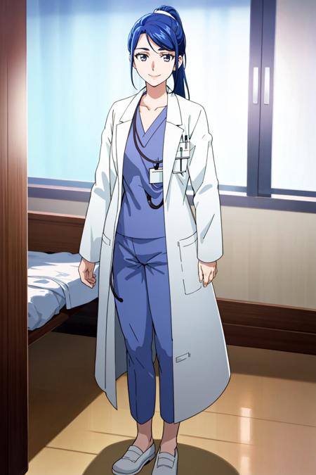 karen_otona blue jacket, white skirt, blue shirt, belt, blue sneakers purple shirt, turtleneck, blue skirt, necklace, shoes labcoat, doctor, medical scrubs, ponytail shoulder bag