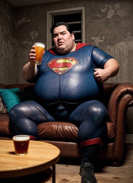 score_9, score_8_up, score_7_up, score_6_up,  score_4_up, (very fat:1.4),  superman, terrible,  drunk, drinking beer,  sad, tired, angry, Sitting on the couch,  batman clothes, An abandoned room with scuffed walls,  ultrarealistic, realistic lighting,  sharp focus,     <lora:more_details:0.3>