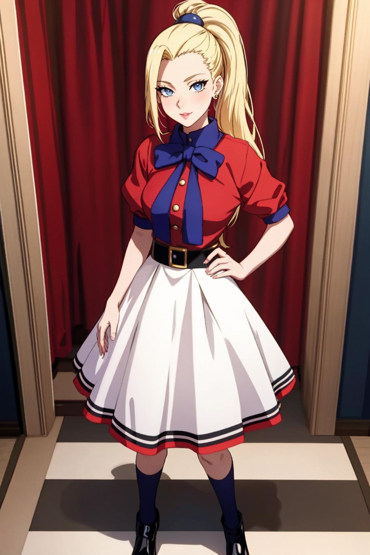 Anime girl wearing a red dress with a blue bow and white skirt.