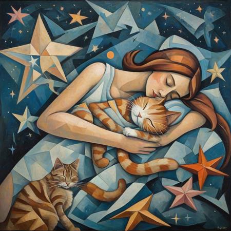 sleeping girl with a cat on a shooting star,cubism painting
