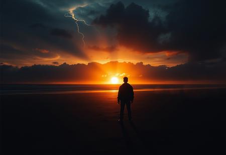 A cinematic and dark scene of a man standing on a deserted beach at sunset, with the sun dipping behind the ocean and long shadows stretching across the sand. The sky is ominous with cracks of light and swirling dark clouds, hinting at another dimension breaking through. The man looks lost, wearing a simple jacket, his silhouette outlined against the glowing horizon. The setting feels eerie, with faint hints of shadowy creatures or smoke-like tendrils emerging from the edges of the scene. The overall tone is mystical and slightly surreal.