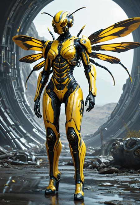 A biopunk cyborg mechsuit with scifi wasp wings. A merge of a wasp, alien and beautiful woman. The mechsuit is striped yellow and black. Full length image. Background is alien landscape on an alien planet. <lora:EpicF4nta5yXL:0.35> . award-winning, professional, highly detailed . extremely high-resolution details, photographic, realism pushed to extreme, fine texture, incredibly lifelike, high contrast, well defined, <lora:Zariman_PONY:1>