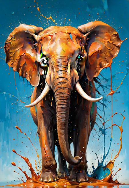a elephant with a big splash of paint all around  it's face,  Background with more painting splash in an intricate spill that leaves the canvas on a 3D s, masterful digital art, spilling juice, caramel, splash image, adi granov, bioart, strong and ferocious, art photograph, smooth drawing, dew, digital screenshot, artistic rendering.