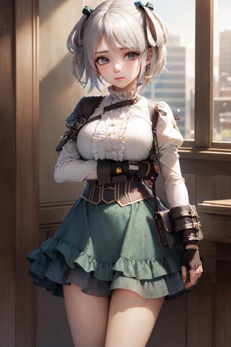 (masterpiece, best quality:1.2), <lora:godeater_cielalencon-10:1>, cowboy shot, solo, 1girl, ciel alencon, expressionless, closed mouth, looking at viewer, (hand on own arm:1.2), short twintails, white shirt, underbust, puffy long sleeves, skirt, (fingerless gloves:1.1)