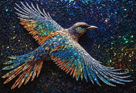 Create an intricate mosaic of a bird pieced together with vivid, holographic speckles that mimic the precision of digital interferometry