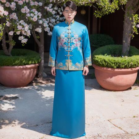 (8k, RAW photo, best quality, masterpiece:1.2), (realistic, photo-realistic:1.4), ultra-detailed, (young male internet celebrity),masculine style,perfect detail ,  make up,(full body:1.5),chinese style architecture,a man, a man, a blue dress with a floral pattern on it,<lora:nzshs-10:0.7>