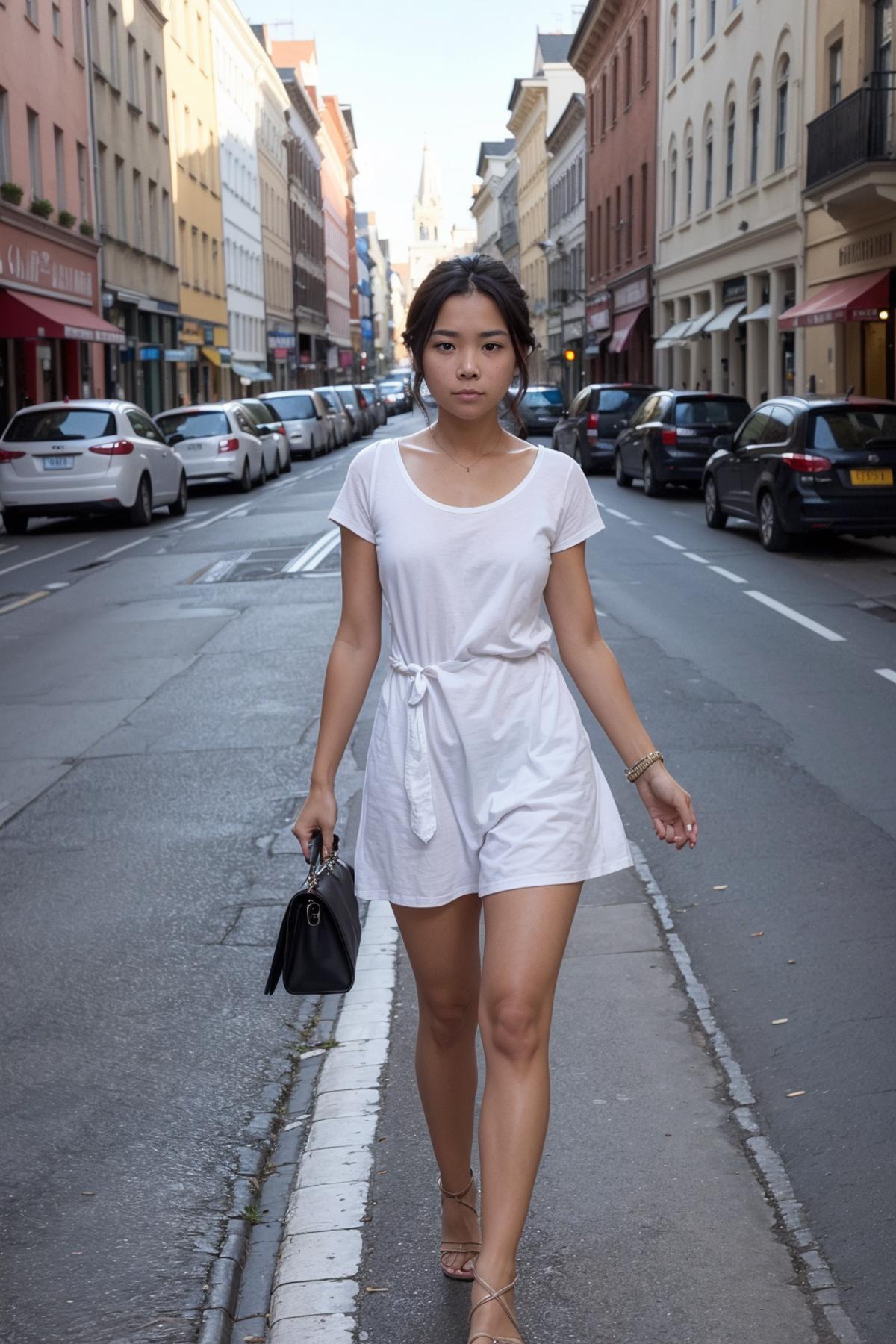 A woman in a white dress walking down a city street.