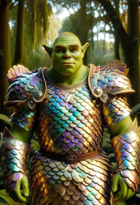 (p1nk1r1sc4l3s, Shrek wearing armor made out of iridescent scales, iridescent scales armor:1.2), golden intricate trim, panoramic view, dark aesthetics, delicate texture, 8k resolution, nature, cinematic light, soft lighting, detailed, tranquil, outdoor,