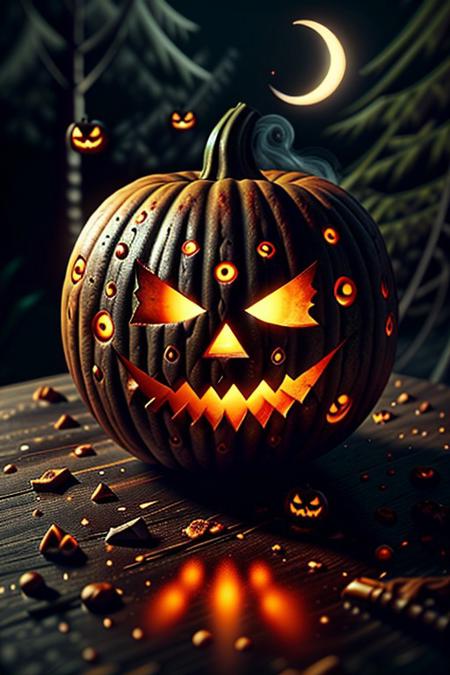 Close up of an evilHalloween pumpkin on a wooden wet table in a dark rainy and misty forest at night. The trees are black. The full moon appears behind the dark clouds behind the trees and the blue moonlight blends in with the misty atmosphere. 8k render ensuring crisp and clear details with realistic shadows, reflections and vivid and vibrant colors. <lora:aidmaHyperrealism:0.5> aidmaHyperrealism, extremely high-resolution details, photographic, realism pushed to extreme, fine texture, incredibly lifelike, <lora:ImageUpgraderV2:0.5> detailmaximizer, easynegative, c4d, blender, raytracing, unreal engine 5, render 3d, OverallDetail