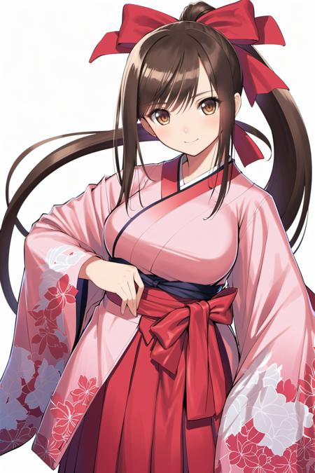 1girl, japanese clothes, solo, long hair, ponytail, brown hair, kimono, skirt, simple background, smile, hakama, bow, hakama skirt, looking at viewer, hair bow, wide sleeves, ribbon, white background, bangs, pink kimono, floral print, long sleeves, very long hair, medium breasts,  <lora:TONY_XL:0.8>