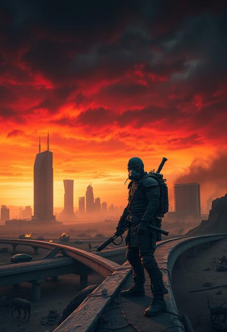A post-apocalyptic wasteland at dusk, with crumbling skyscrapers in the distance partially buried in sand. The sky is a sickly orange and red, streaked with black clouds, as if the world is on fire. In the foreground, a lone, battle-worn figure stands on a broken highway overpass, wearing tattered armor and a gas mask, holding a makeshift weapon pieced together from scrap metal. Behind them, the remains of abandoned cars and debris litter the landscape, while mutated animals prowl in the shadows. The atmosphere is bleak, filled with dust and smoke, with distant flames and smoldering ruins. The scene captures a world long past collapse, where survival is the only law.