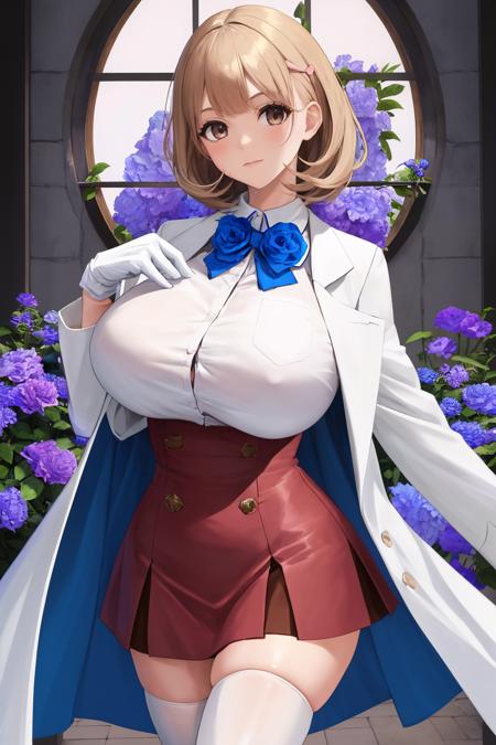 masterpiece, best quality, 1girl, solo, looking at viewer, <lora:ryoukanarusawa-on-richy-v1:1> ryoukadef, huge breasts, labcoat, white thighhighs, white gloves, pink skirt, high-waist skirt, corsage, blue flower corsage energy gun