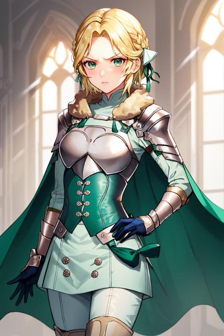 masterpiece, best quality,  <lora:ingrid-nvwls-v2-000009:0.9> waringrid, short hair, hair ribbons, shoulder armor, armor, breastplate, underbust, green coat, fur trim, vambraces, blue gloves, green skirt, white pants, green cape, standing, hands to hips, furrowed brow, serious