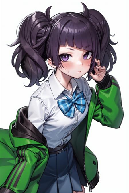 tanaka mamimi, <lora:tanaka mamimi:1>1girl, purple hair, solo, skirt, purple eyes, green jacket, jacket, twintails, pleated skirt, diagonal bangs, bangs, white background, shirt, bow, short twintails, simple background, school uniform, bowtie, white shirt, blue skirt, looking at viewer, blue bow, blush, nail polish, purple nails, long sleeves, blue bowtie, closed mouth, collared shirt