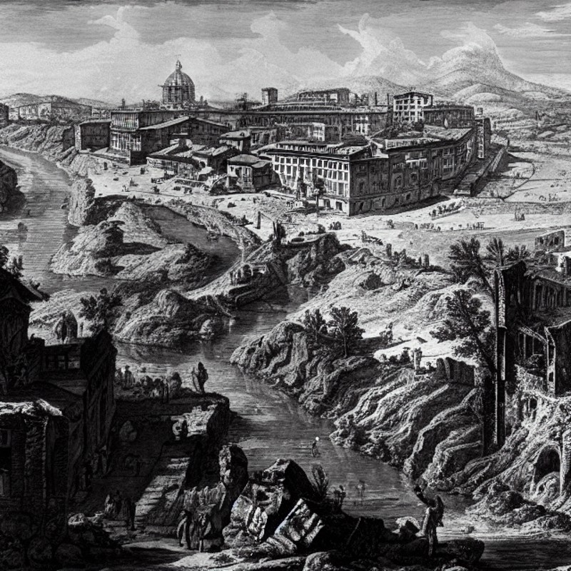 (ILSGiovanniBattistaPiranesi) ruined city on a hill and a river