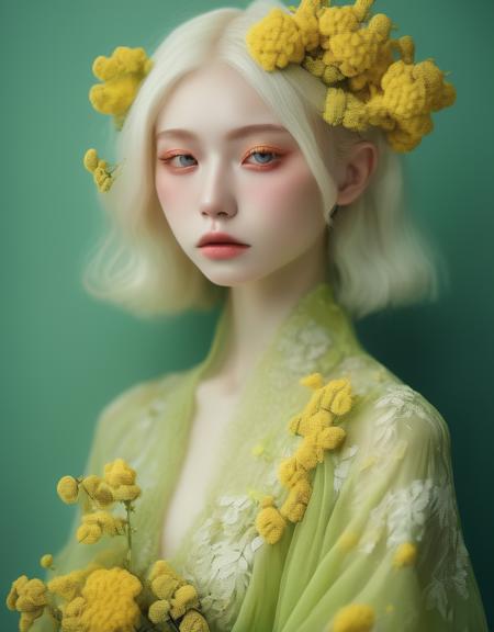 a commercial photo portrait of instagram model, the Ethereal Portraits, fashionable 2020's Japanese girl, detailed skin texture, 16yo girl, hyper real photo, , Albinism and Heterochromia by Bella Kotak, girly portrait in studio shoots, Albina Albina, Feminine portrait, bust-up shot, intricate fantasy dress,
taken by professional studio lighting, 150mm lens, PhaseOne, digital backs, medium format,
, 150mm portrait, photography, photo taken with a Hasselblad H4D, taken with PhaseOne IQ180, IQ160, IQ140, P65+, P45+, "digital back", extremely detailed, Leaf Aptus, perfect skin, detailed skin, hyper reality, perfect face,
(chartreuse yellow:1.6) hair, (chartreuse yellow:1.6) background, dress head completely covered with (chartreuse yellow:1.6) flowers, (chartreuse yellow:1.6) color filter,