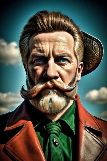absurdres, hdr, stylised ,Don Quixote, cowboy shot,  perfect eyes, stern face, white air, long moustache, The Imperial beard , red intricate fullplate, dynamic pose,  holding intricate rapier,
DonM3lv3s