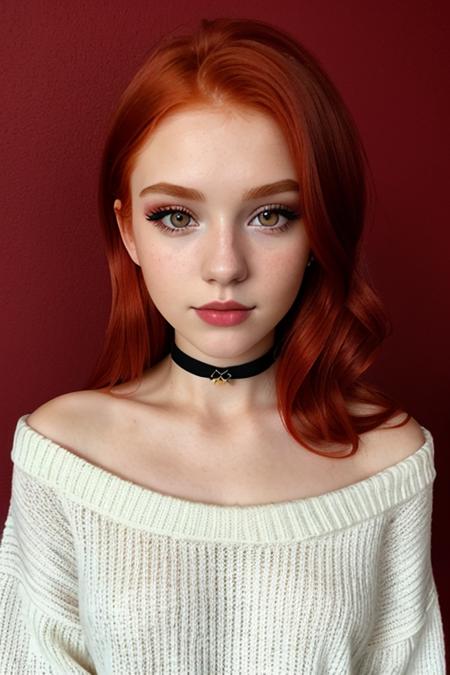 raw photo, (18yo redhead girl:1.2), makeup, graphic eyeliner, rouge, (choker:0.9), realistic skin texture, oversize knit sweater, (red:0.8), softcore, warm lighting, cosy atmosphere, instagram style
