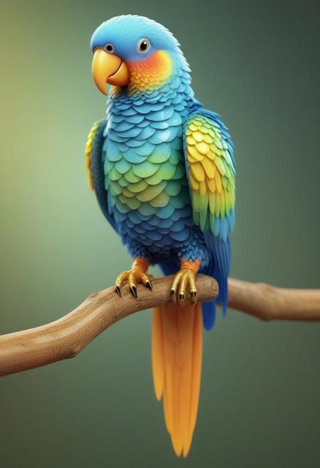 Create a highly detailed 3D rendering of a small parrot made from semi-transparent, crystalline material, with intricate hexagonal patterns on its body. The parrot's body reflects and refracts light, creating a shiny, metallic blue and amber color palette. Its wings have smooth gradients from amber to gold, giving a luminous and ethereal feel. The parrot is perched delicately on a natural, textured wooden branch, with gold accents on its legs and claws. The background is softly blurred with shades of green, suggesting a natural outdoor environment, allowing the parrot's reflective surface to stand out vividly