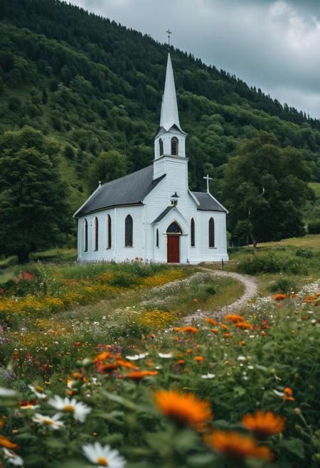 Imagine photo shot with Sony A7R II, 18mm lens, charming countryside church nestled amidst vibrant wildflowers swaying in a gentle breeze.
his stunning image is rendered in insanely high resolution, realistic, 8k, HD, HDR, XDR,