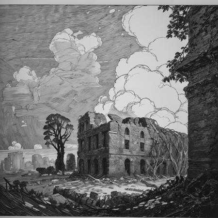 Crumbling ruins, overtaken by nature, surrounded with growing trees, with clouds and dark rain in the background, black and white engraving