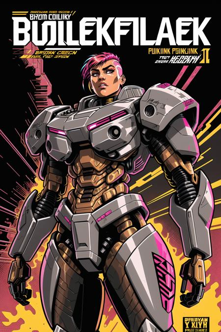 intricate flat shaded western comic book style cover art, [supermodel:woman:0.3] wearing full intricately detailed bulky plated mecha exoskeleton suit made of [red|yellow|white|blue] camo streak paint, [heavily weathered and scratched,:0.5] [pink punk side shaved hairstyle:0.3], micro detailing, detailed intricate linework, (behind bold english (text title)), logos, cover page