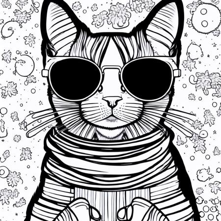 cat wearing sunglasses COLR_001, vector art, white background, coloring book, line art, high resolution, black and white, colorless