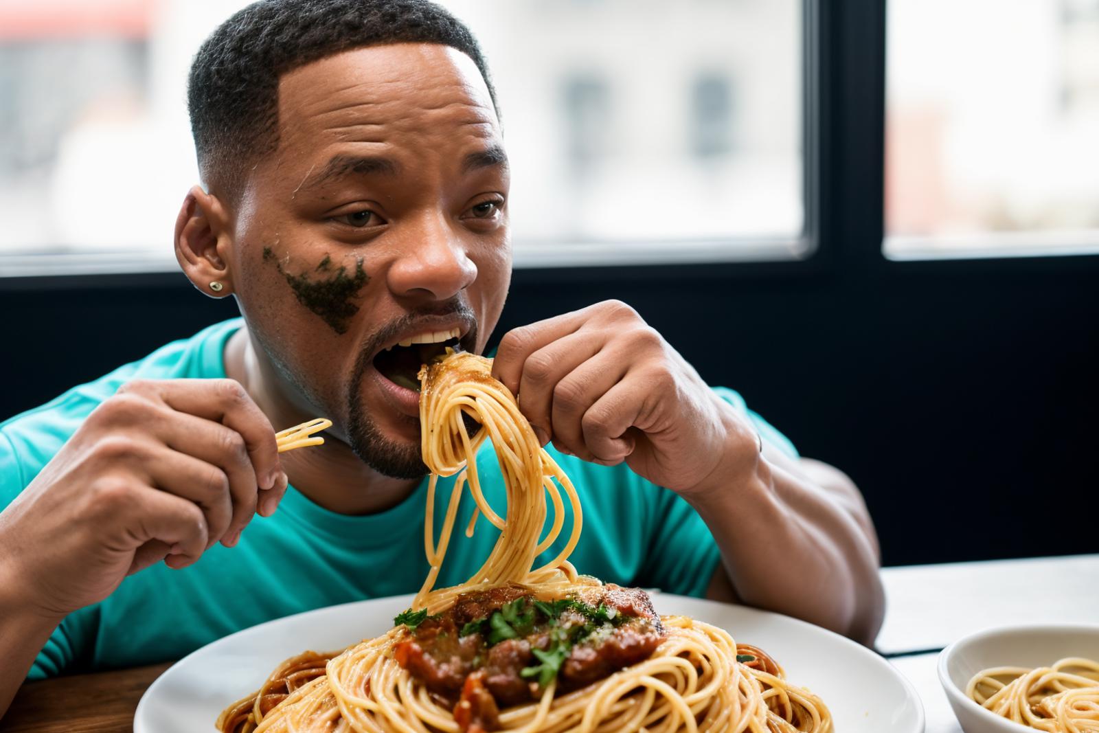 A man eating spaghetti with sauce and green garnish.