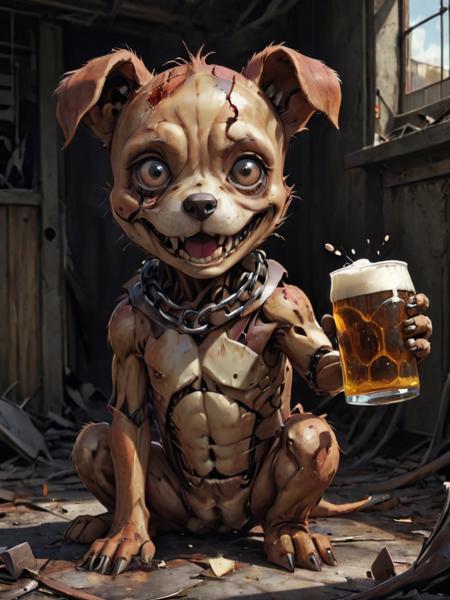 mkitdecy, painting, fine artwork, clap your rusty paws, if you're happy and you know it hold a broken beer, If you're happy and you know it, then your face will surely show it, deep shadows, high quality, high resolution, cinematic, dark, <lora:- SDXL - mkitdecy_let_it_decay_V1.0:.9>