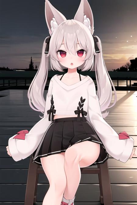 grey hair, long hair, twintails, bangs, hair between eyes, animal ears, fox ears, animal ear fluff, red eyes, tail, fox tail, virtual youtuber, shirt, white shirt, long sleeves, sleeves past wrists, bow,  hair bow, red bow, ribbon, skirt, pleated skirt, black skirt, shoes, white footwear, 