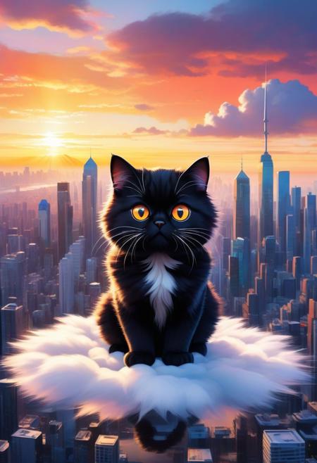 A captivating illustration masterpiece of a ((cute cat)) with (((huge))) ((oversized)) ((manga-style eyes)), feline is gazing very longingly into the camera lens. The cat's fluffy fur contrasts with its sleek black attire, and it sits on a transparent cloud, as if levitating above the ground. The background showcases a vibrant cityscape with towering skyscrapers and a dramatic sunset, creating a delightful mix of urban and whimsical elements, from above