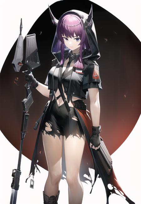 lava_the_purgatory_(arknights) solo, 1girl, short_hair, long_hair, dreadlocks, skirt, dress, jewelry, short_sleeves, purple_eyes, jacket, boots, necktie, weapon, purple_hair, black_footwear, gloves, black_dress, black_jacket, hood, miniskirt, holding_weapon, black_necktie, black_gloves, necklace, fingerless_gloves, knife, bare_legs, torn_clothes, hooded_jacket, mask, staff, short_dress, holding_knife, horns, 