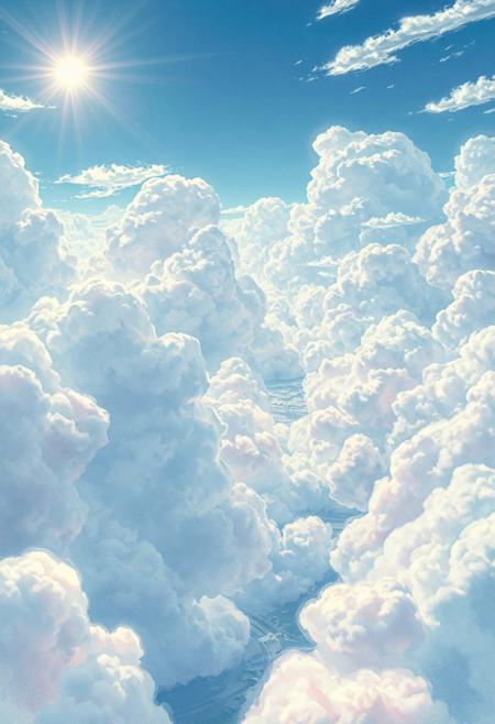 Vast anime-style sky with a massive textured cloud cover stretching across the entire scene, intricate structural cloud formations with detailed bumps and organic folds, scattered open gaps revealing patches of bright blue sky, cinematic view over a peaceful cityscape below, soft sunlight streaming through cloud breaks, pastel color palette (baby blue, soft white, light pink), highly detailed Ghibli-inspired artwork, hyper-realistic watercolor texture, dreamy and emotional atmosphere, 4K ultra-high resolution, sparkling sun in the upper-left corner with glittering rays shimmering through the clouds