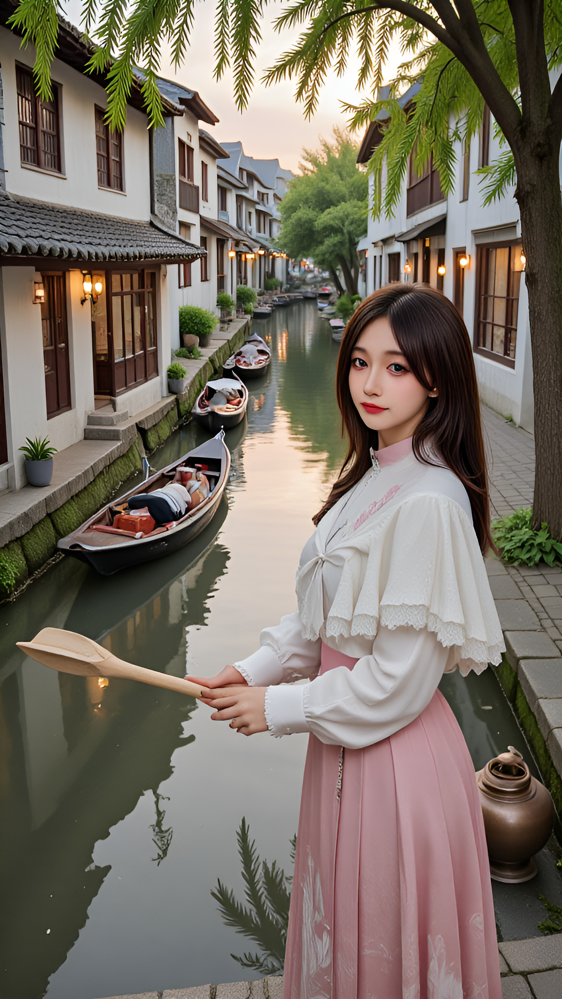 a_realistic_photo_of_a_beautiful_woman_in_cyb_chnstyle_attire__include_shirt_and_skirt_and_capelet__the_background_is_a_serpentine_canal_at_daybreak__its_glassy_surface_fractured_by_woo_3481745811.png